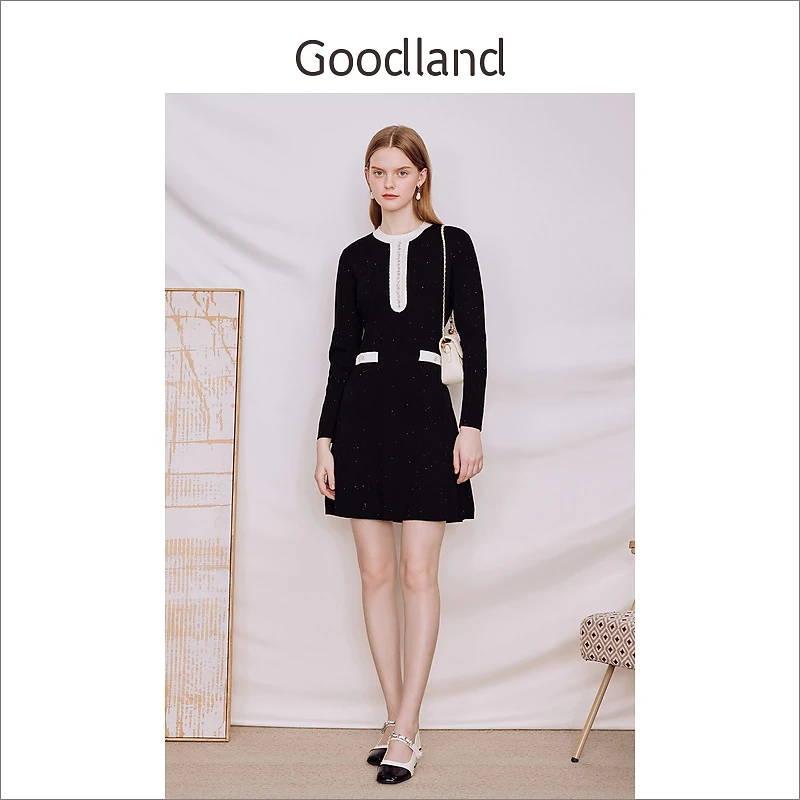 Goodland美地秋季钉珠收腰显瘦优雅针织圆领连衣裙