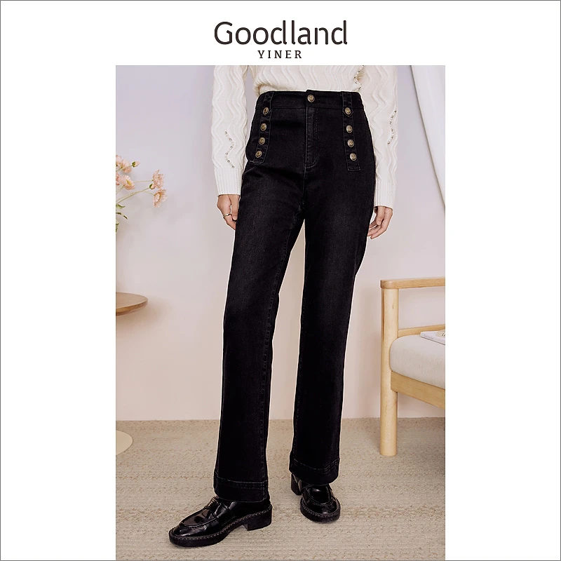 [聚暖白鹅绒]Goodland美地女装冬季微喇叭羽绒裤牛仔裤