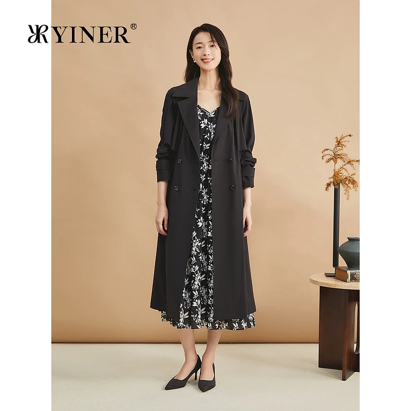YINER音儿专选2024秋季新款斜纹四面弹西装领长款外套松弛感风衣