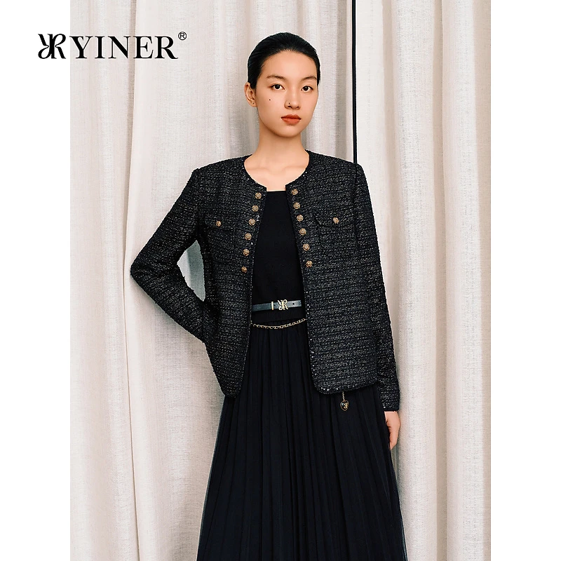 YINER音儿秋季法式小香风星光闪丝花纱圆领短外套