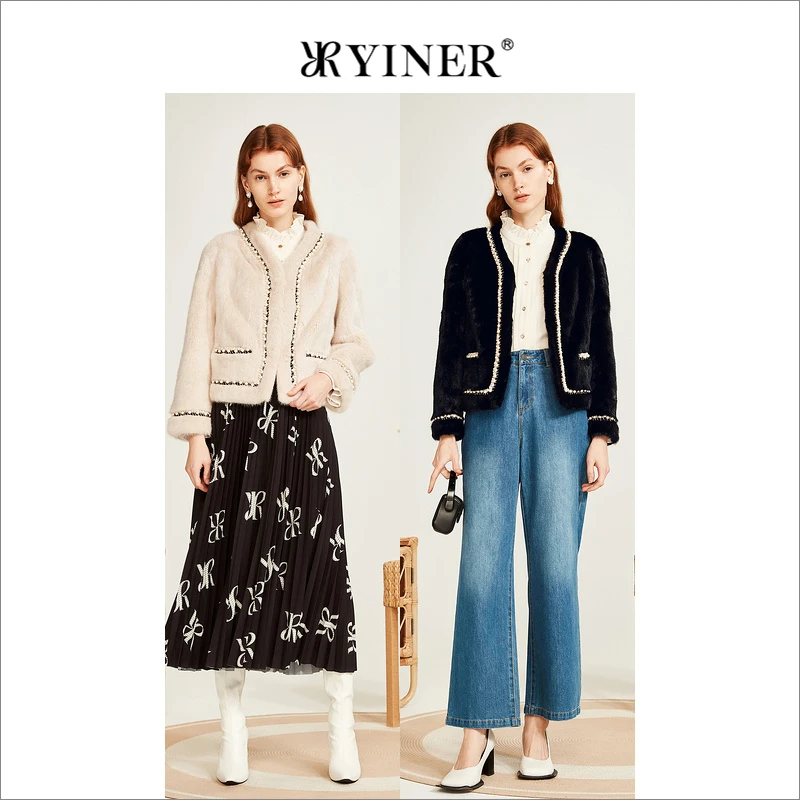 YINER音儿专选女装冬季小香风廓形钉珠织带水貂皮草