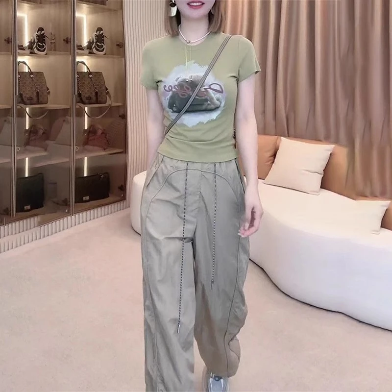 欧货正肩圆领短袖T恤时尚套装女夏薄松紧腰休闲阔腿工装裤两件套