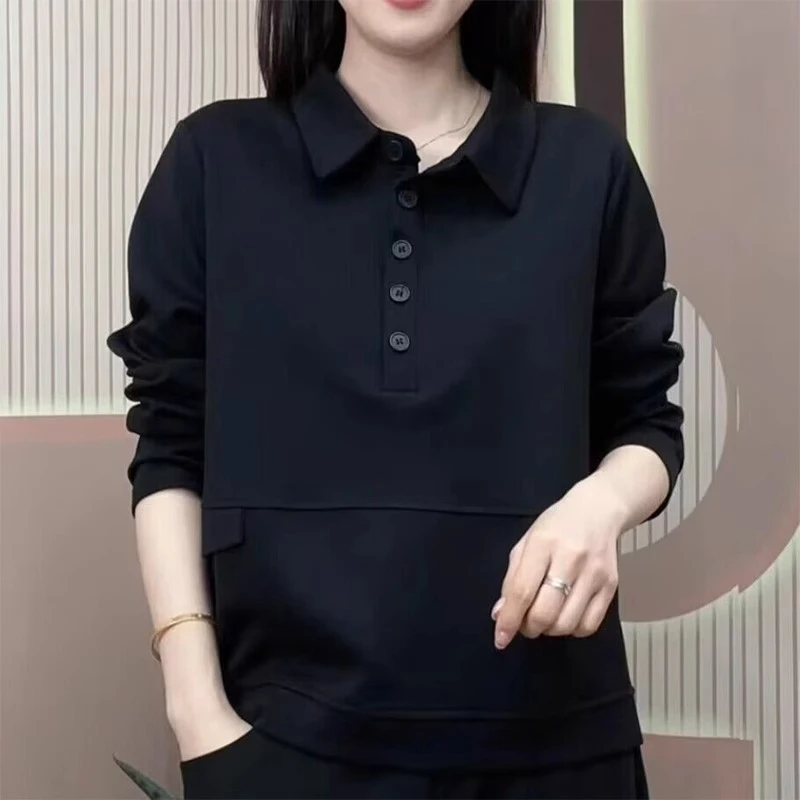 休闲polo领长袖T恤女春秋宽松大码显瘦上衣翻领冬保暖加绒打底衫