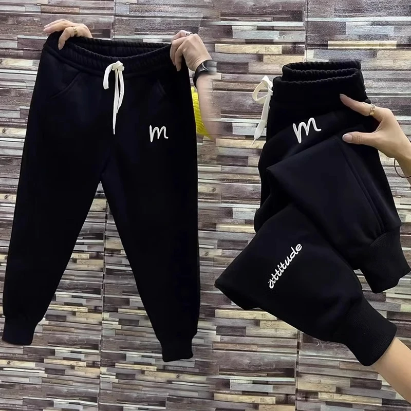 加绒加厚洋气刺绣运动卫裤女秋冬宽松大码高腰束脚保暖休闲哈伦裤