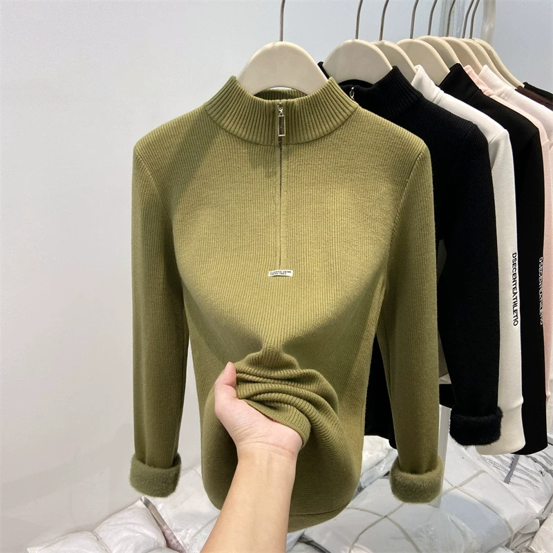 设计感螺纹针织衫女秋冬洋气爆款韩版弹力修身半高领加绒打底毛衣
