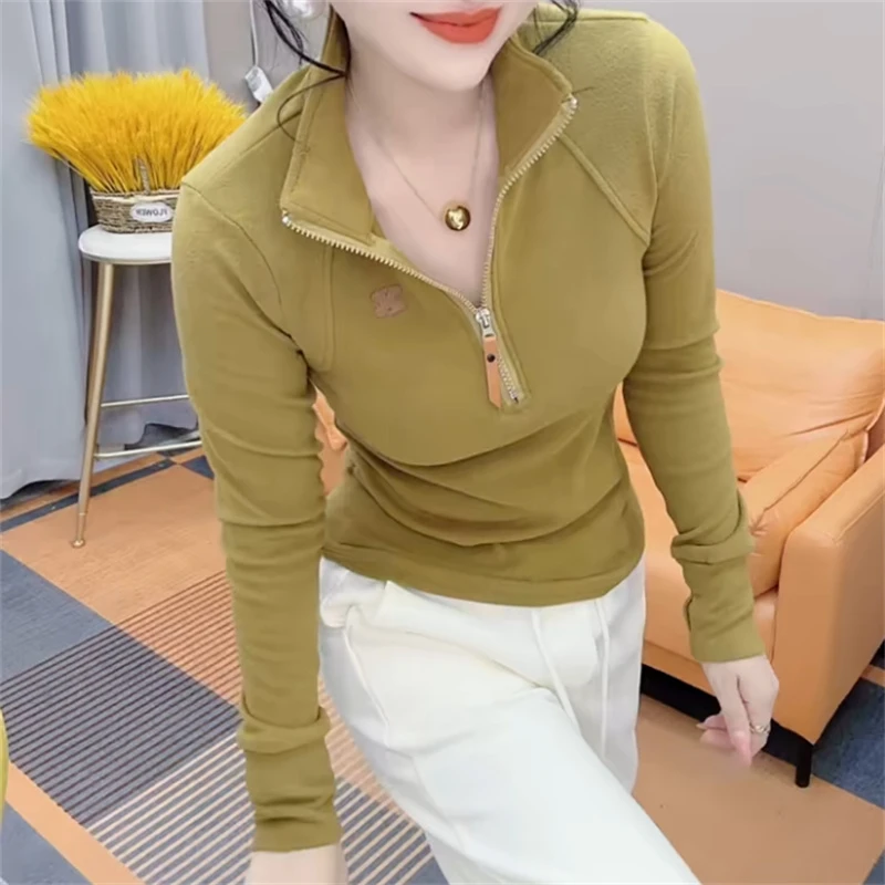 早春秋季上衣女立领半拉链长袖宽松显瘦修身T恤内搭冬加绒打底衫