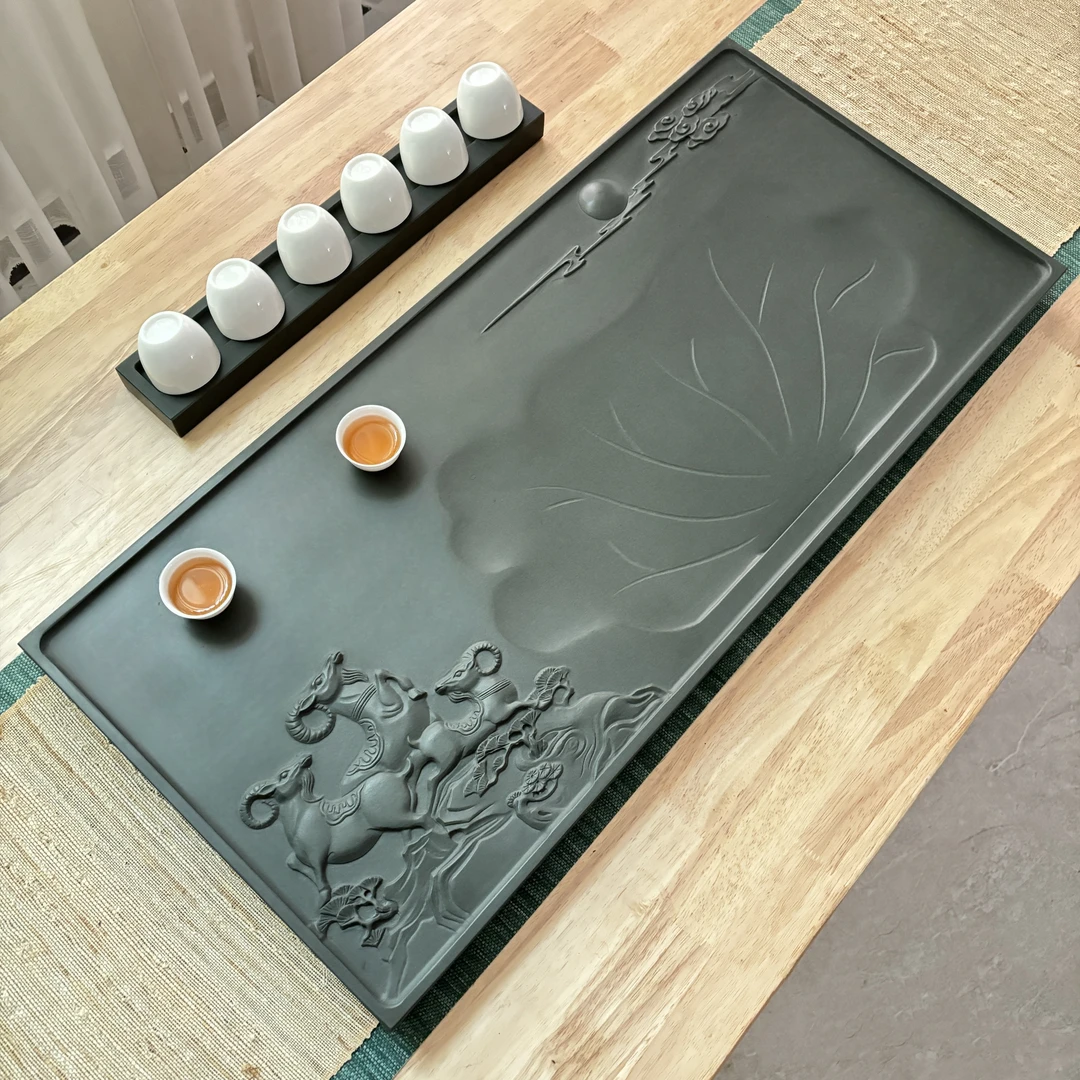 【天罗绿三羊开泰】天然石茶盘排水整块原石高档简易轻奢茶台石茶盘