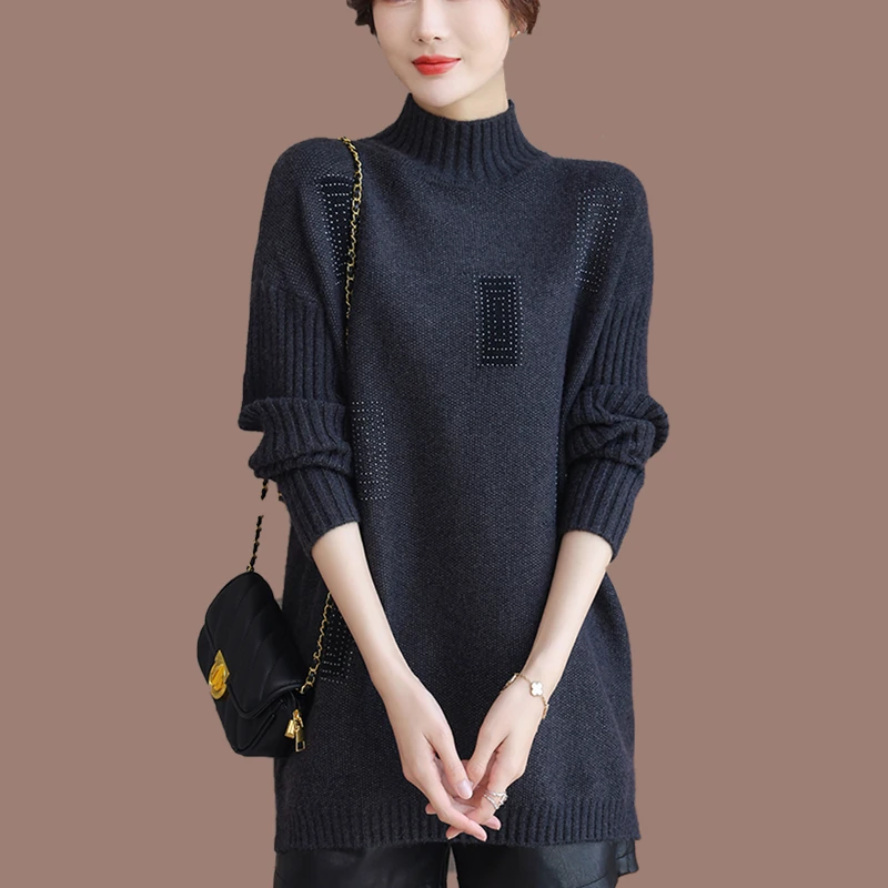 秋冬新款镶钻毛衣女中长款宽松大码内搭半高领针织洋气加厚打底衫