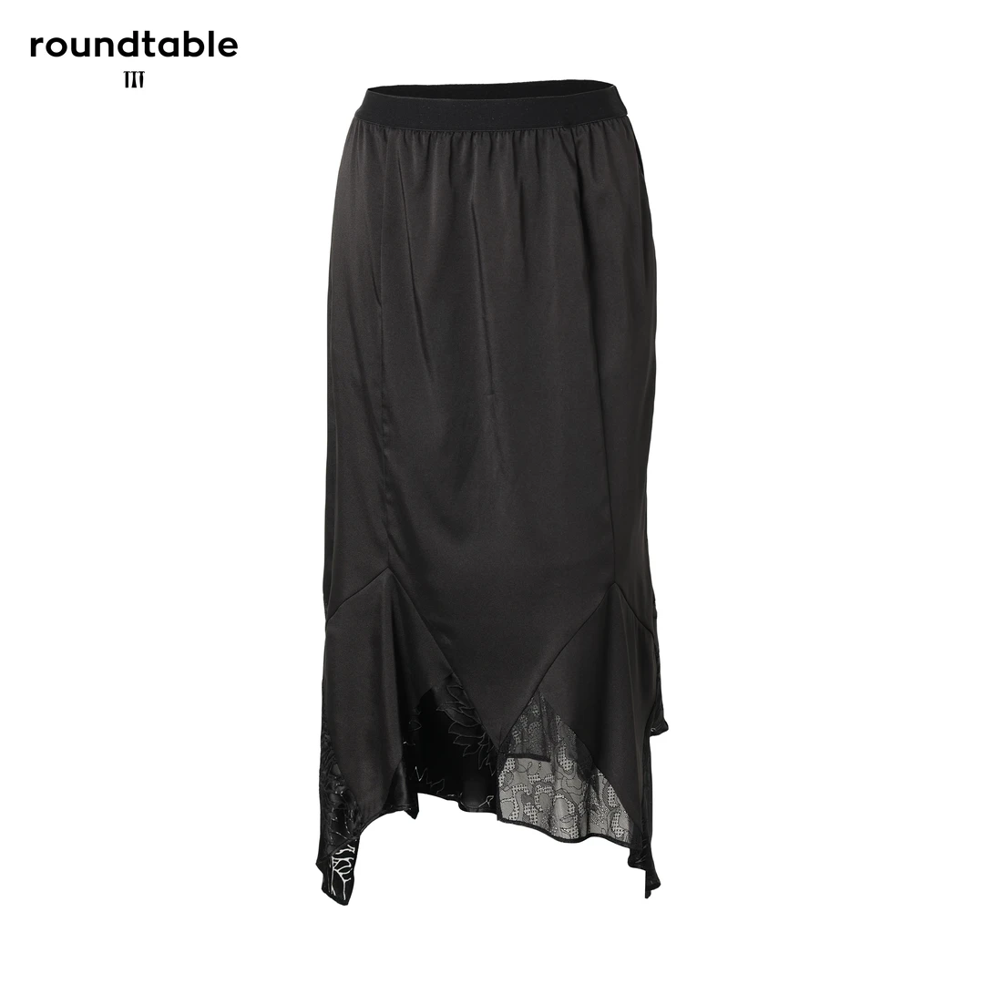 气质时尚几何拼接修身半裙蕾丝休闲百搭女士夏季黑色开叉包臀裙