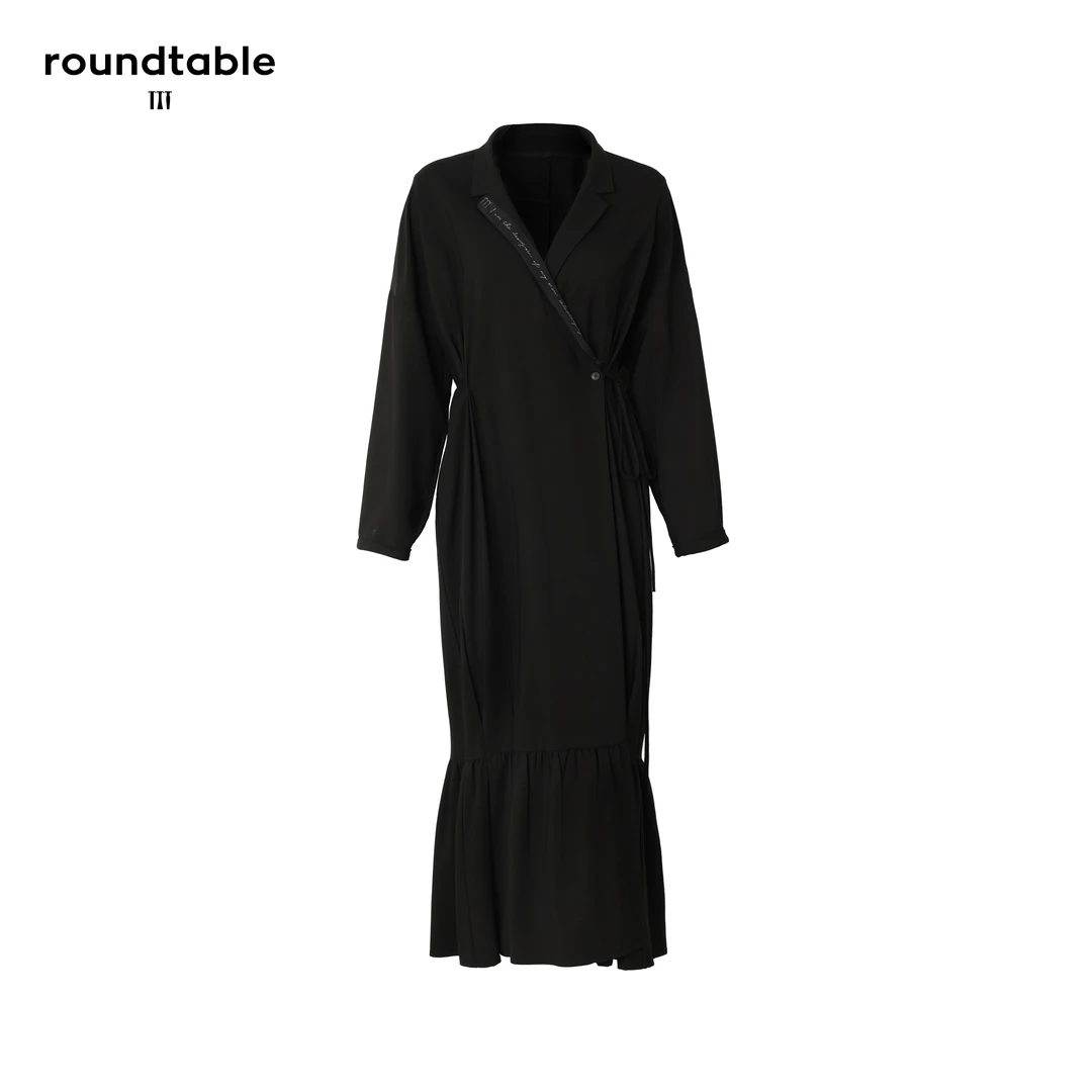 气质简约轻奢复古黑色翻领长袖系带显瘦收腰女装中长款鱼尾连衣裙