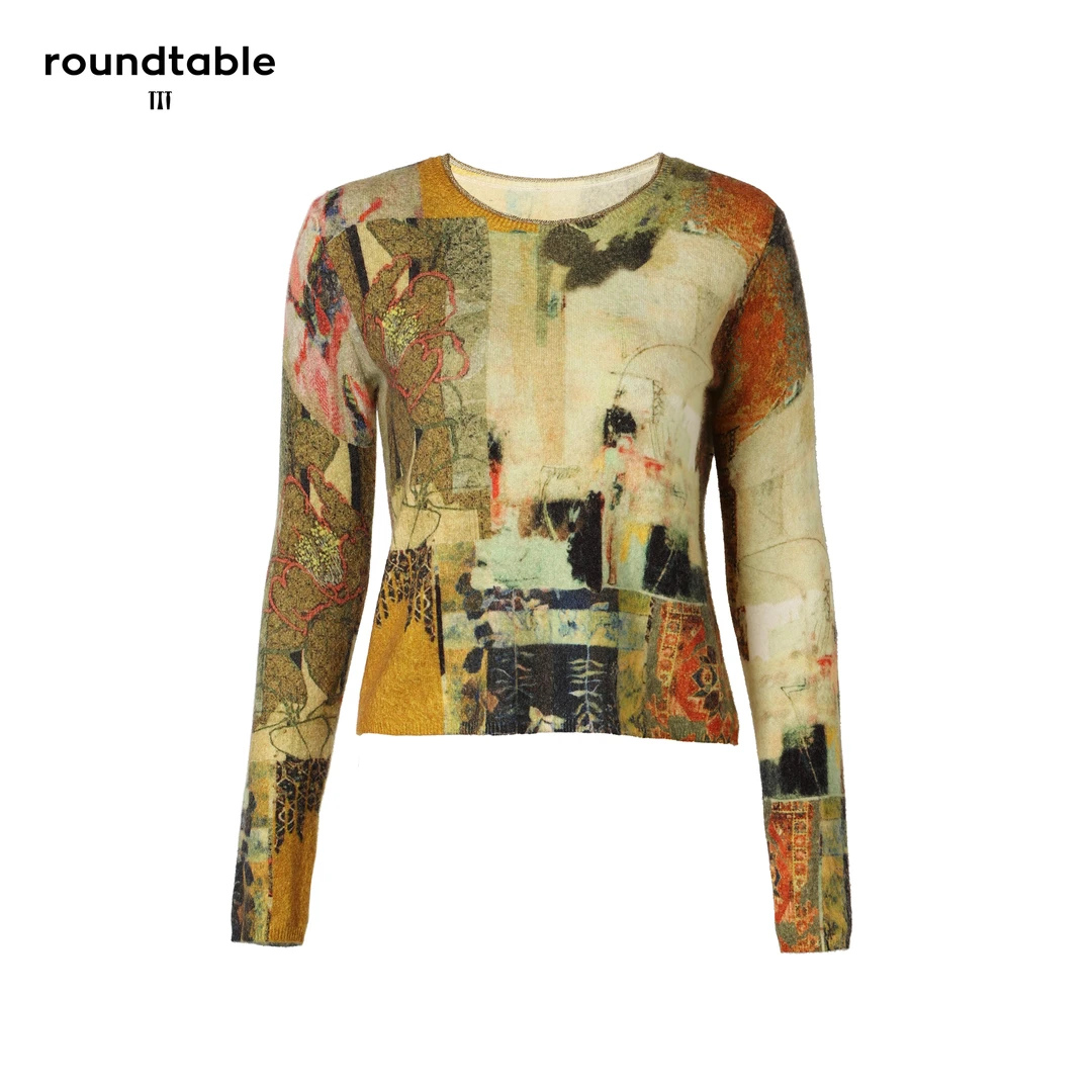 复古洋气不规则拼趣套头修身长袖毛衫毛衣气质时尚印花TEW7105543