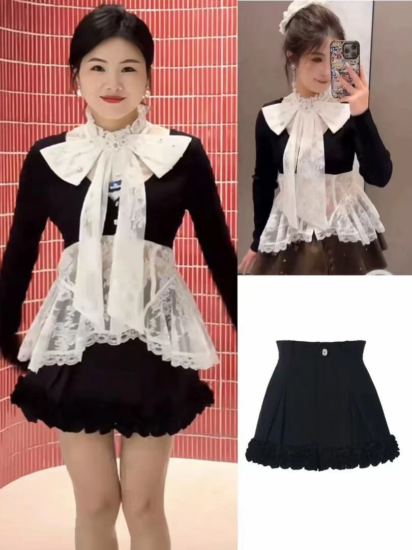 LIULIU  法式少女黑色拼接白色蕾丝蝴蝶结衬衫2025早春新套装