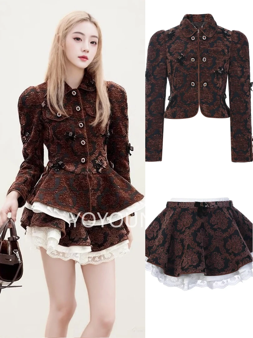 六六专属 宫廷风棕色提花娃娃领高级感收腰短外套2025早春新款