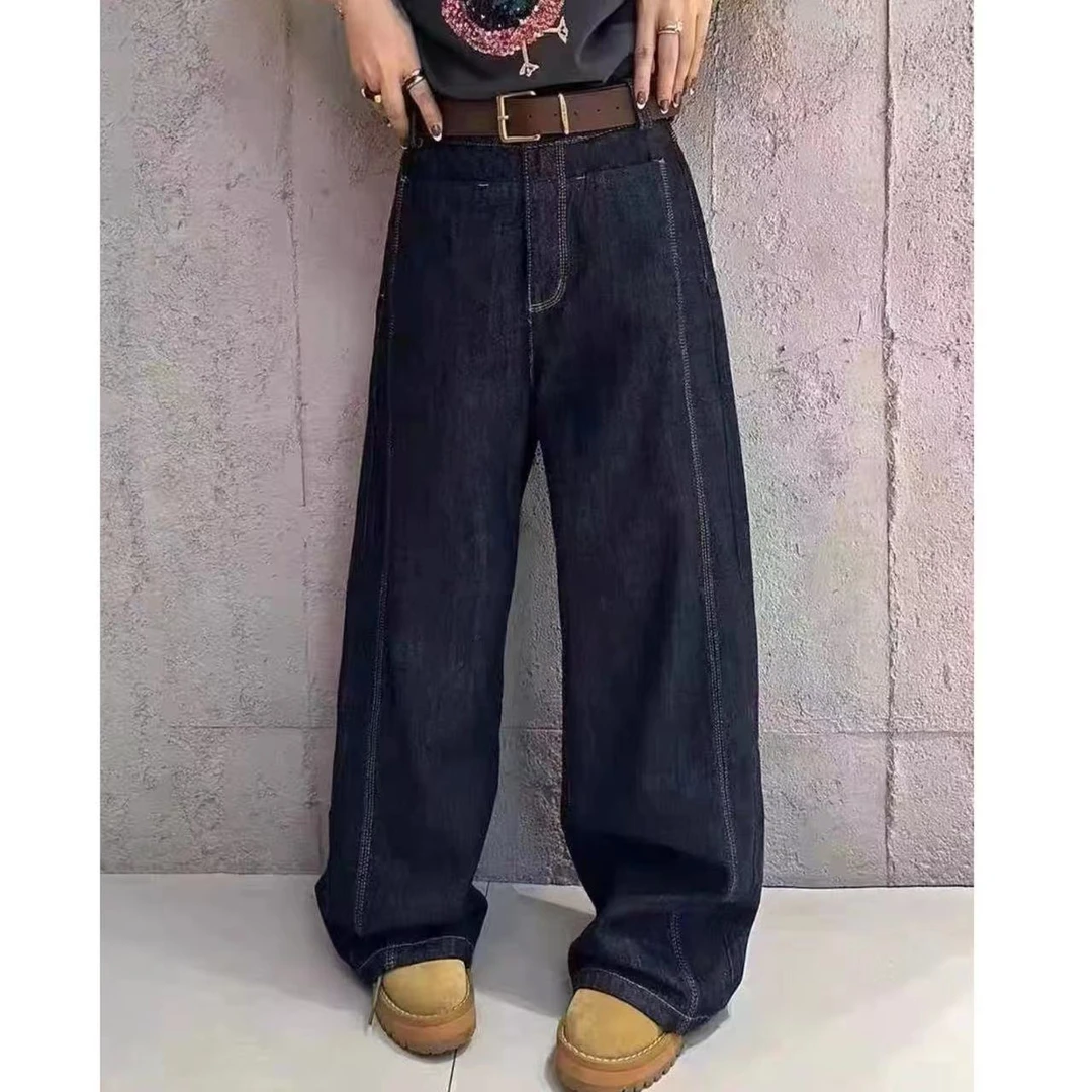 【弯刀裤】秋季高腰百搭明线拼接显瘦香蕉裤宽松普洗拖地牛仔裤