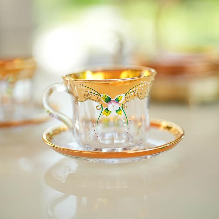 【奇居亭杨】真金珐琅花水晶玻璃咖啡杯碟一杯一碟#71-250340