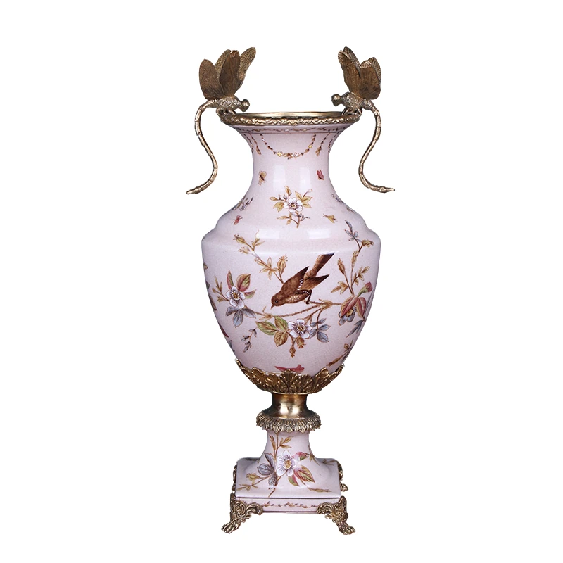 【奇居亭杨】高温瓷配铜双蜻蜓花插花瓶#2HX0285I-19.5-CC