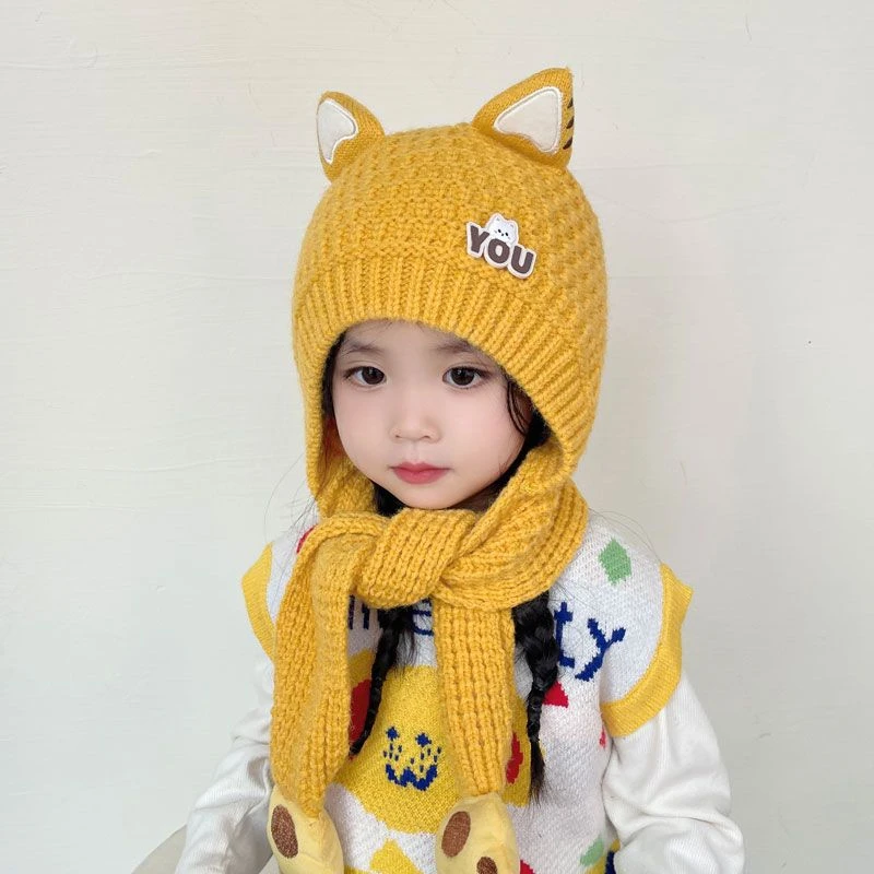 儿童帽子秋冬新款毛线帽围巾一体护耳帽冬季男女童卡通保暖套头帽