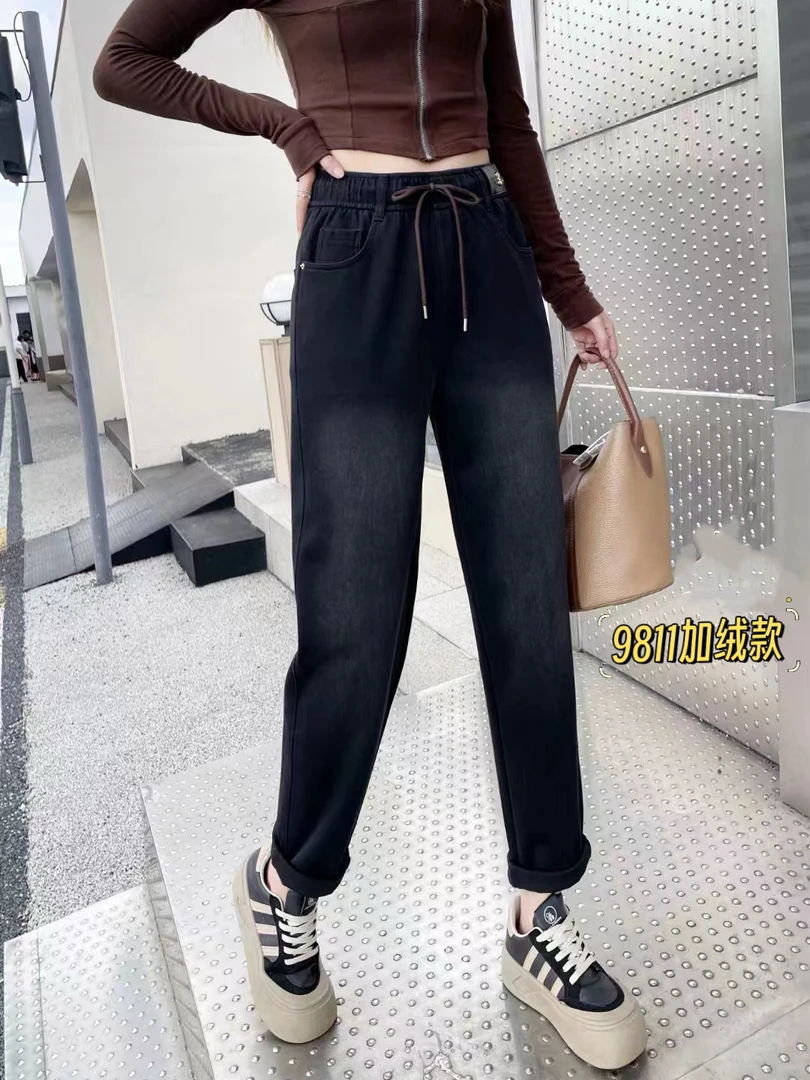 木禾家-【皮标数字3】冬季加绒加厚牛仔老爹裤 9811