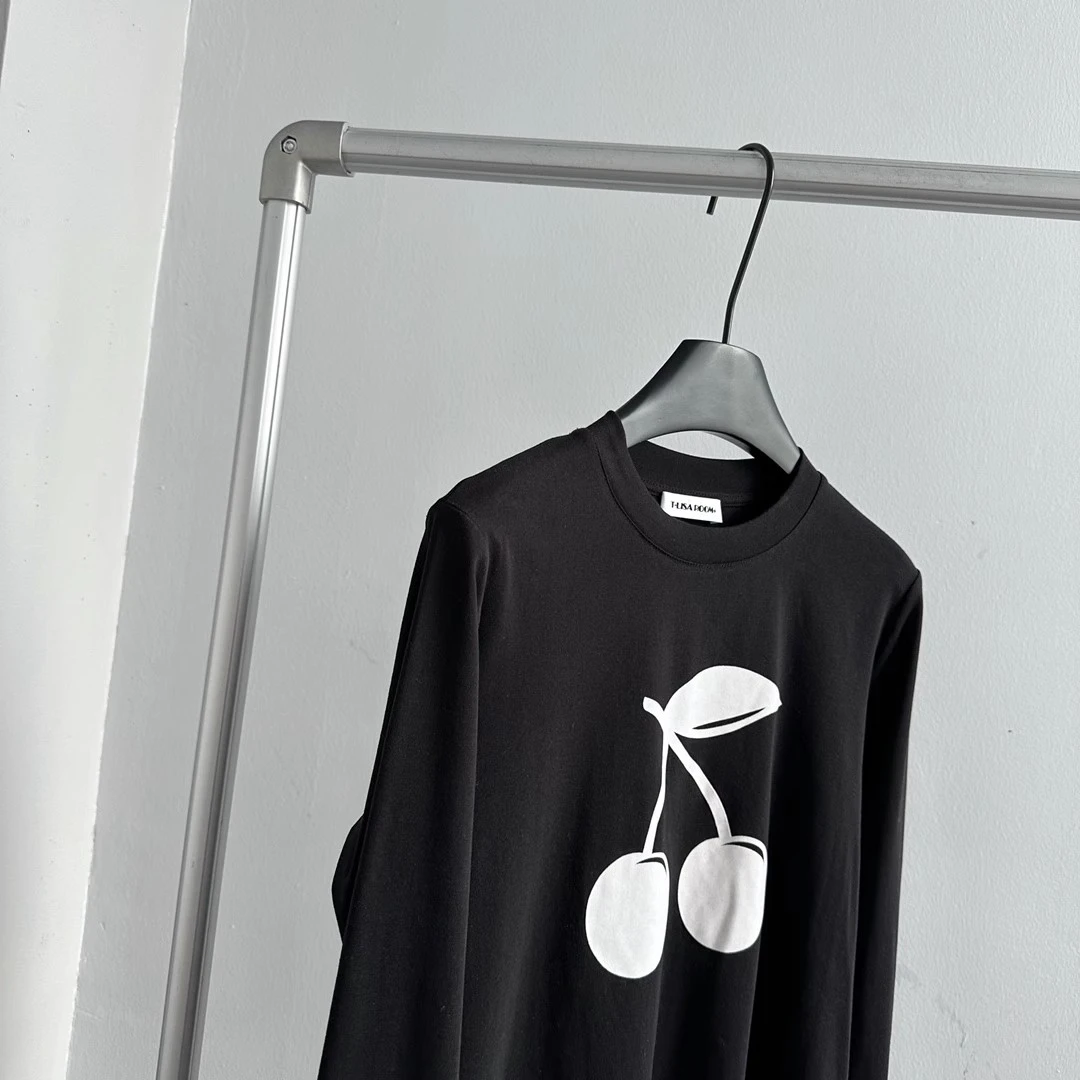 小众时尚紧身T恤撞色樱桃印花修身百搭长袖打底衫秋季休闲圆领