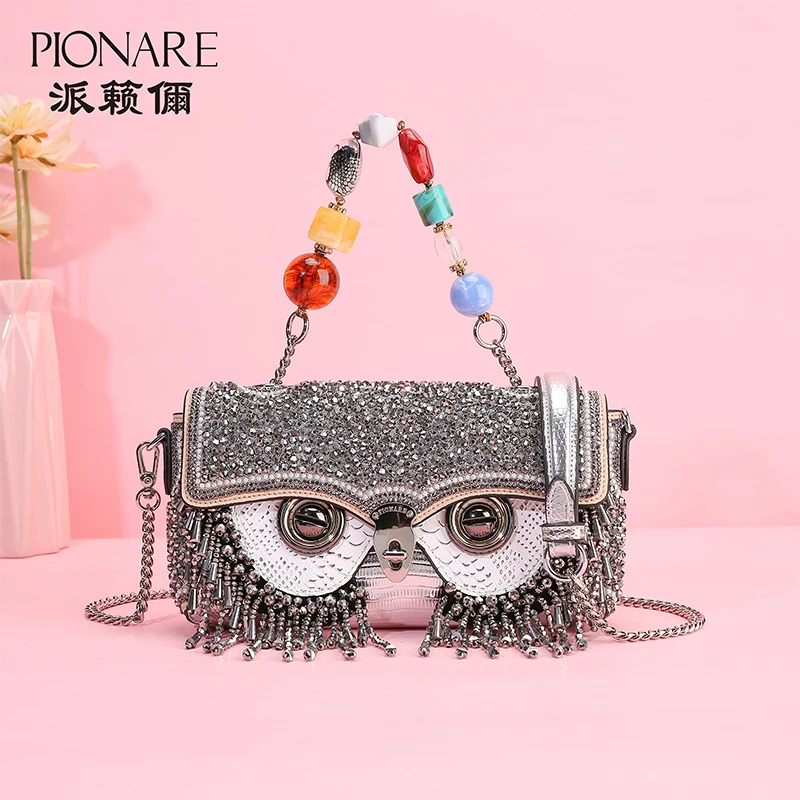 PIONARE叶子派籁儞P16猫头鹰设计师小众时尚女包镶钻重工斜跨流苏