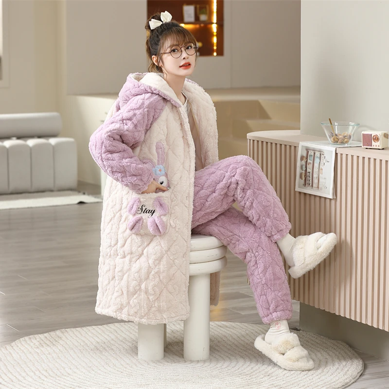 可爱卡通睡袍冬季三层夹棉加厚加绒睡衣连帽保暖可外穿套装夹棉裤
