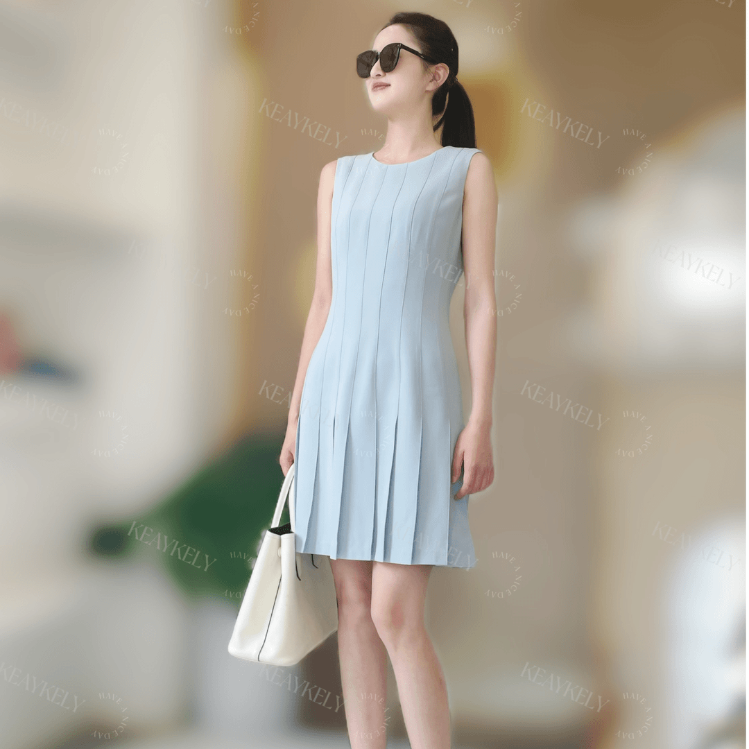KeayKely 夏季新款（梦境）蓝色轻奢时尚百搭圆领连衣裙修身气质