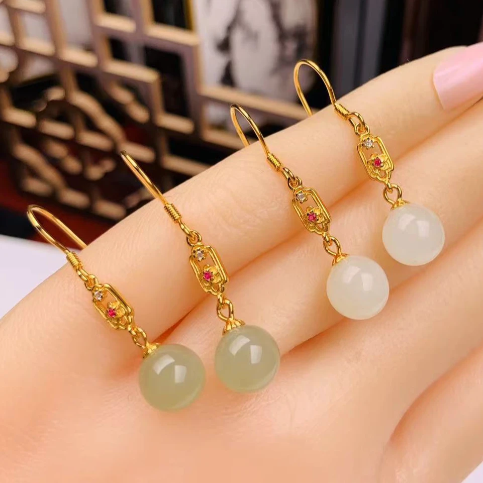 天然和田玉S925银镶圆珠耳坠 时尚简约百搭耳饰 多样性发货发一件