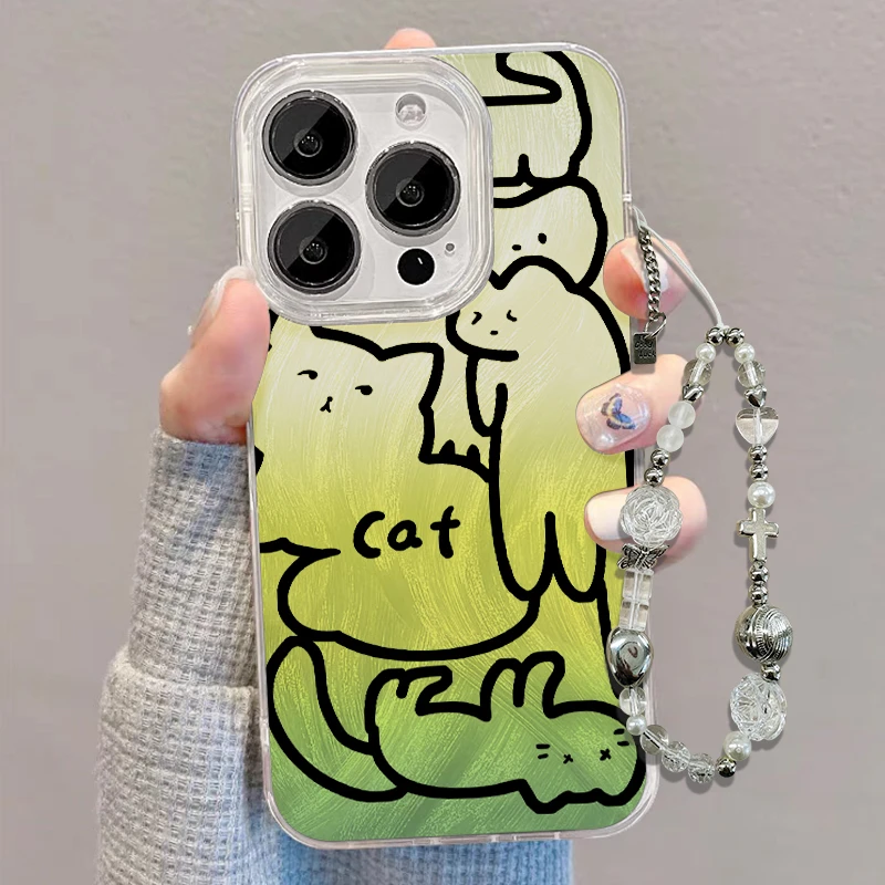 【苹果/华为/荣耀/OPPO/vivo/小米】线条绿猫咪羽纱ins防摔手机壳
