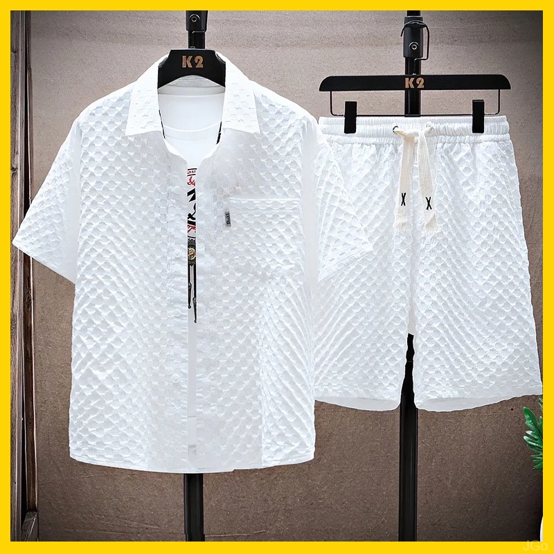 夏季时尚休闲套装男痞帅薄款短袖宽松潮流衬衫短裤百搭运动两件套