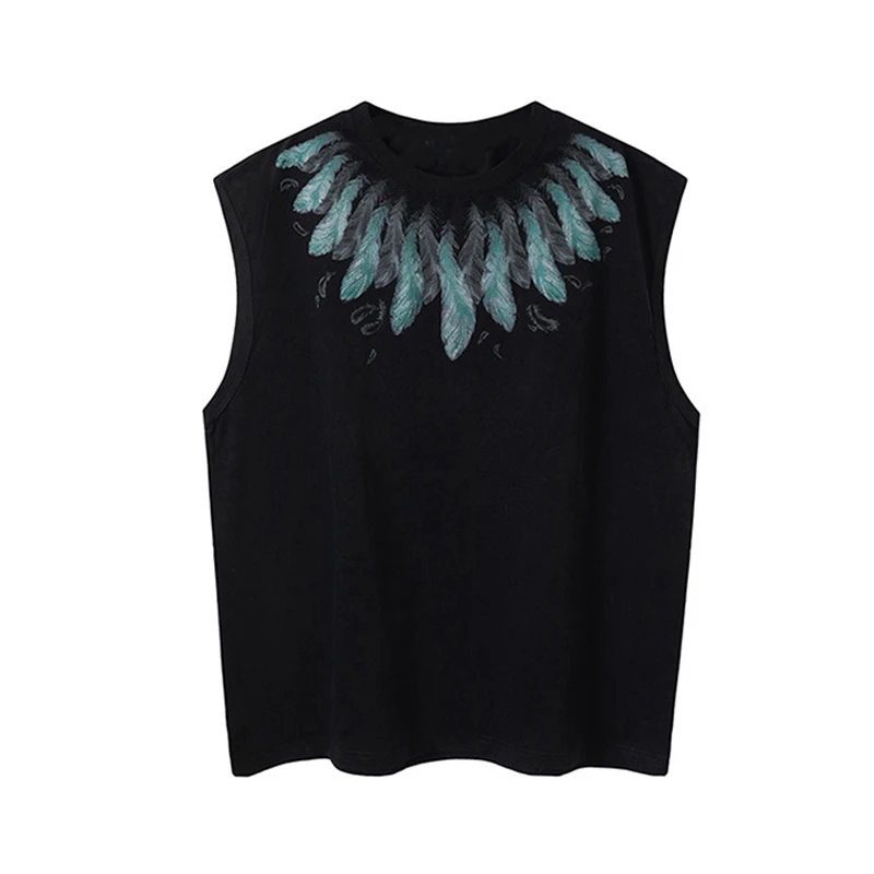 oversize修身坎肩无袖T恤复古小众设计羽毛翅膀印花背心男女可穿