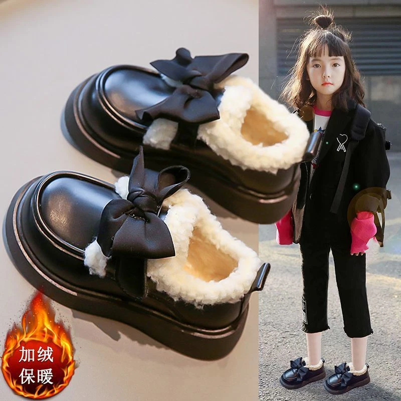 女童小皮鞋加绒2023冬季新款小女孩洋气黑色公主鞋女宝宝软底棉鞋