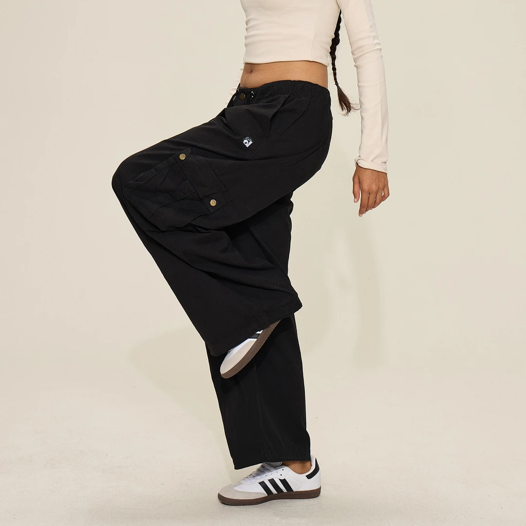 SMILE DDD斜口袋工装裤黑色宽松美式街头小个子跳舞直筒阔腿裤子
