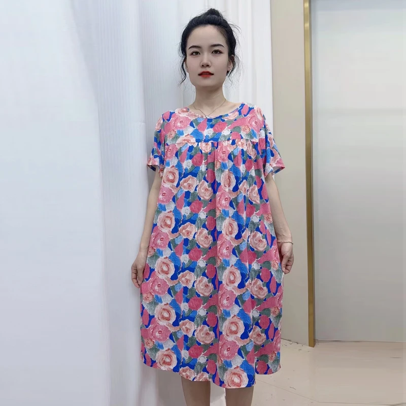 2023夏季女士棉绸睡裙女中老年女薄款人造棉睡衣中长款短袖连衣裙
