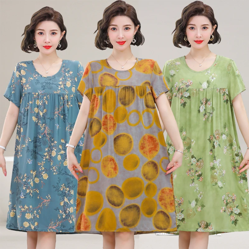 中老年棉绸睡裙女夏季睡衣人造棉短袖连衣裙大码宽松家居服妈妈装
