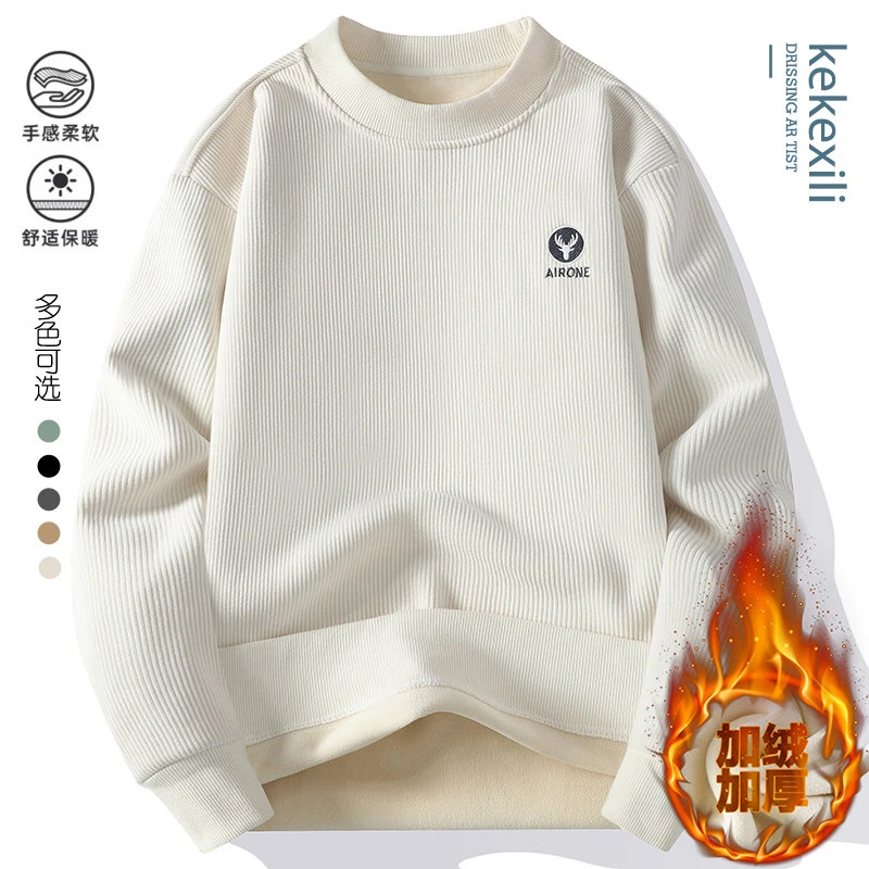 休闲奥粒绒加绒卫衣小鹿头刺绣男生长袖宽松舒适潮流百搭上衣W987