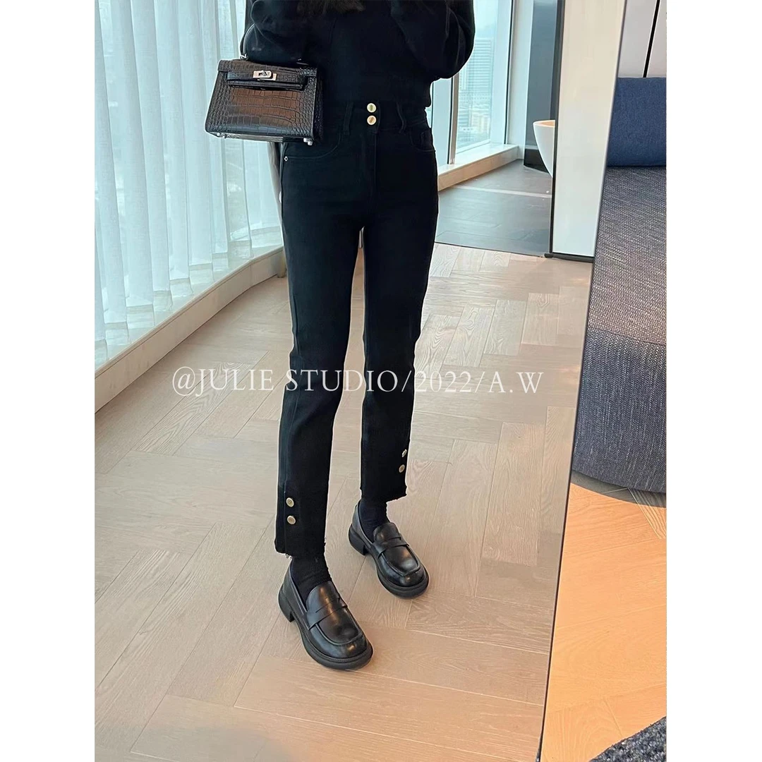 九莉【不挑腿型】秋冬重工加厚百搭双排扣拼接直筒牛仔裤