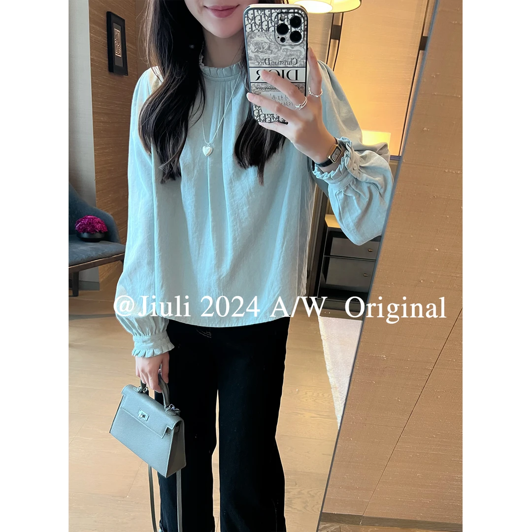 九莉【薄荷】气质百搭时尚纯色泡泡袖长袖上衣