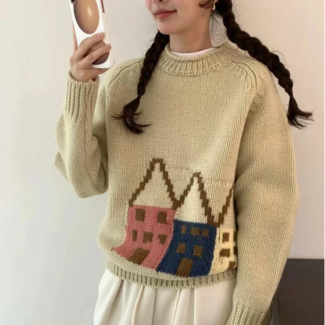 【YIYI】小房子~鸡蛋家新款韩版全羊毛小房子印花重工百搭圆领套头