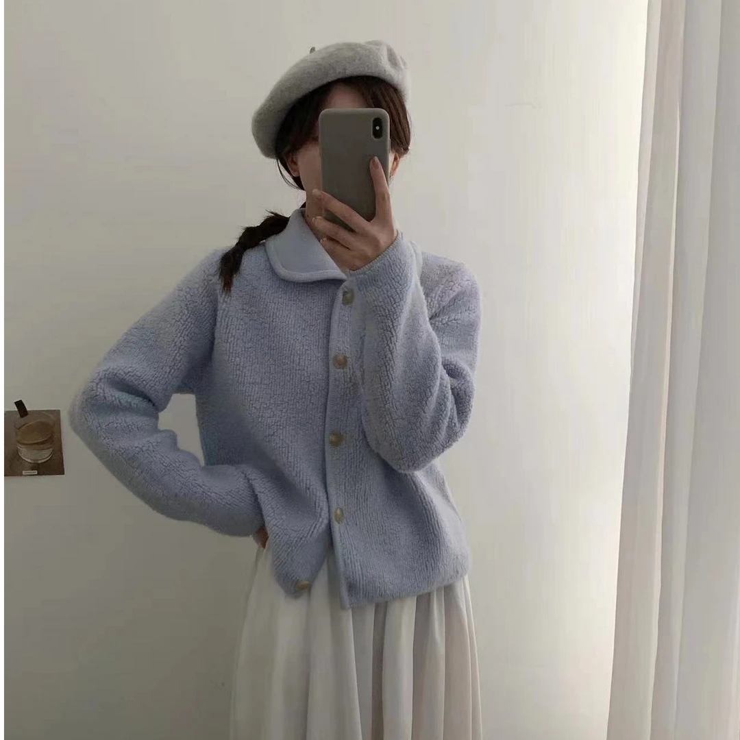 【YIYI】糯米外套~韩系全羊毛圈圈纱娃娃领秋冬慵懒风百搭针织开衫