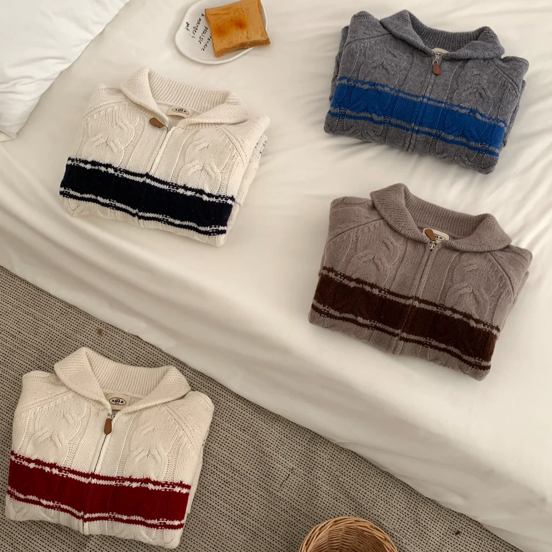 【YIYI】复古韩~韩系全羊毛复古拼色洋气百搭拉链翻领开衫