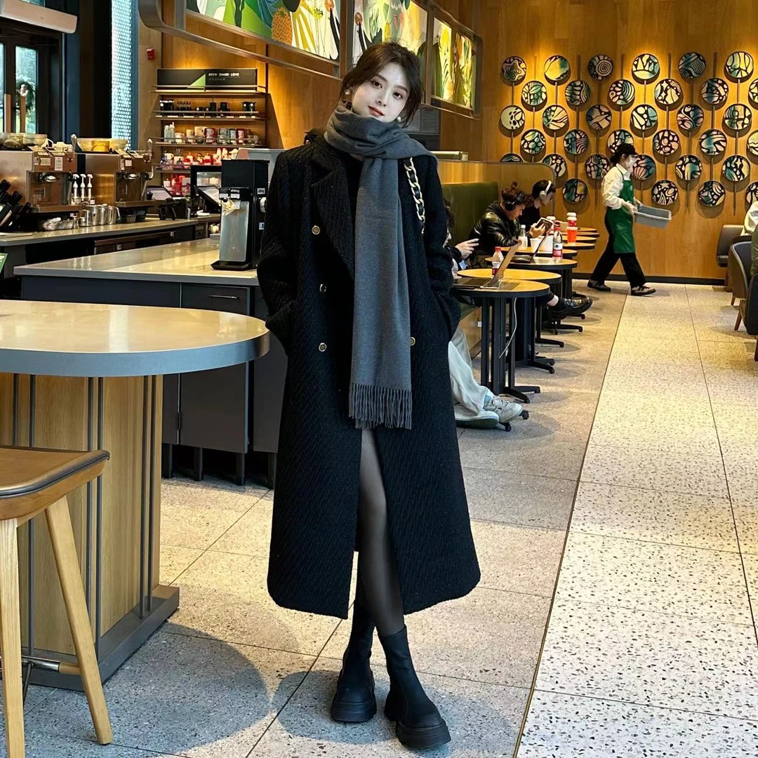 C18751Z毛呢白鸭绒中长款羽绒服黑色厚大衣秋冬宽松外套