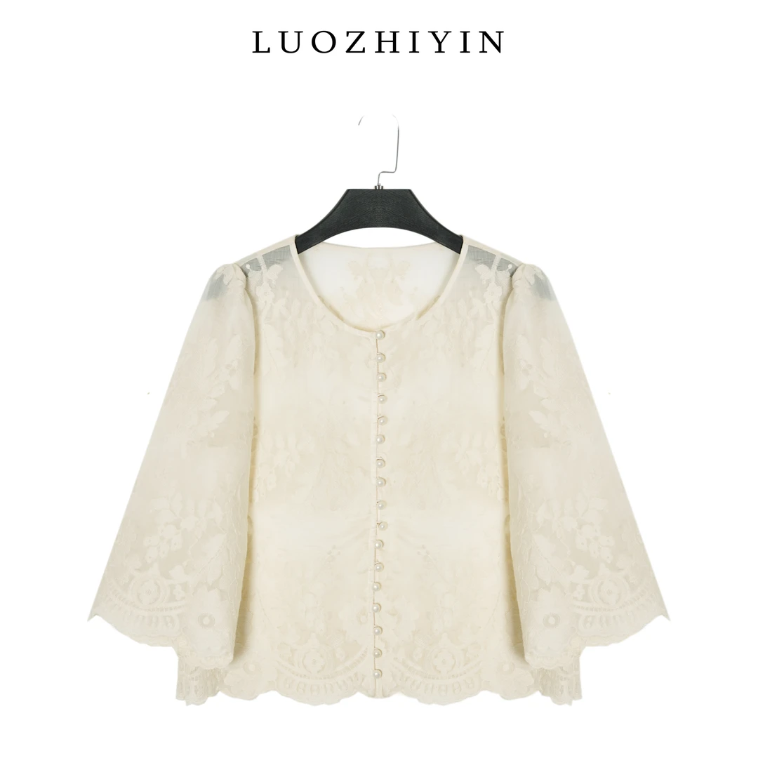 LUOZHIYIN/罗知音T110224F气质长袖镂空上衣单排扣T恤