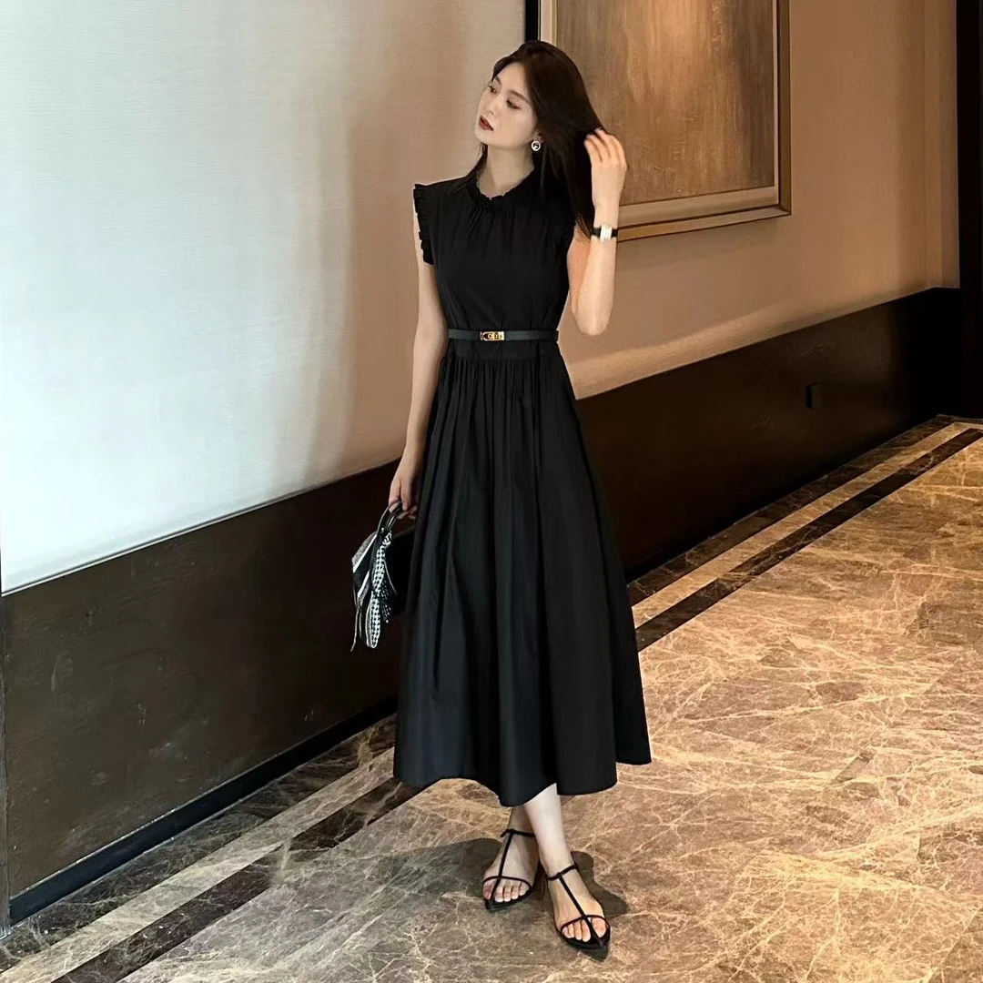 LUOZHIYIN/罗知音D110464F直角肩花边领连衣裙中长款无袖显瘦裙子