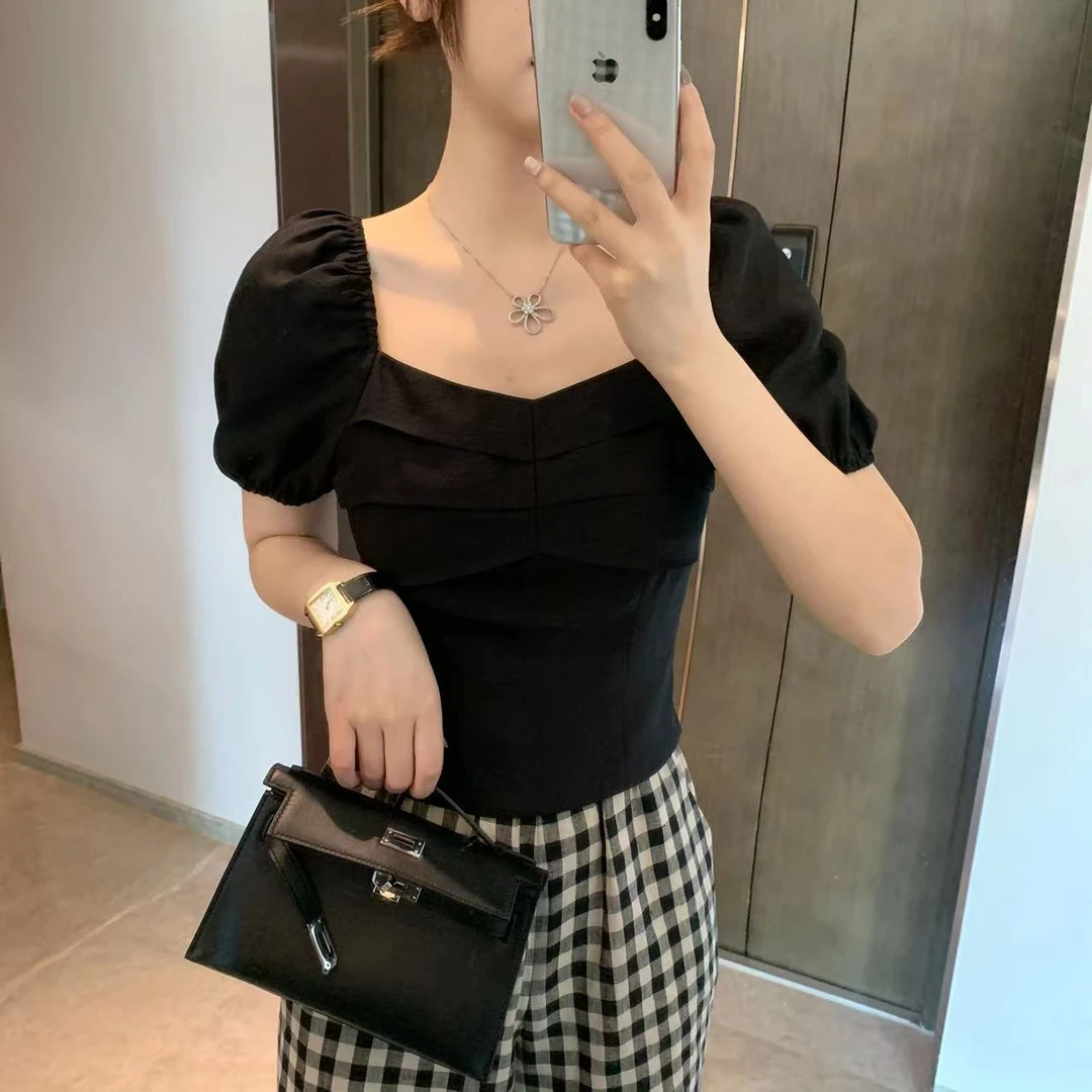 LUOZHIYIN/罗知音T17405Z短袖T恤方领上衣黑色短袖设计感一字肩