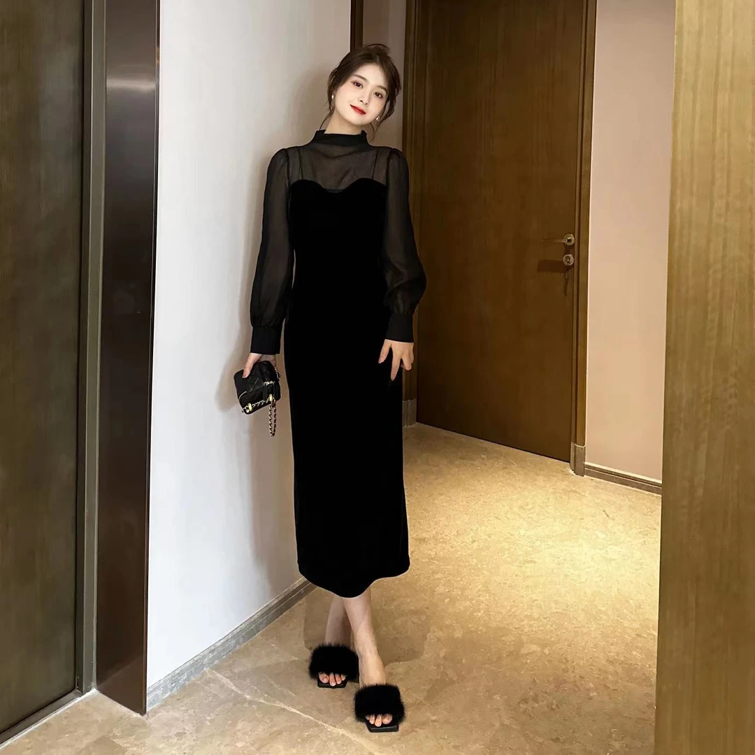 D17926Z秋冬气质时尚显瘦拼接名媛长袖百搭连衣裙