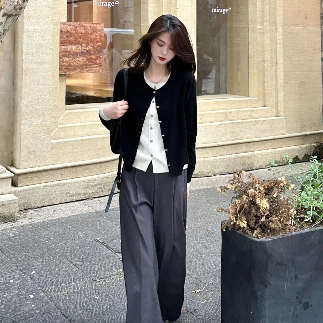 LUOZHIYIN/罗知音T610718TZ假两件长袖针织衫百搭单排扣上衣