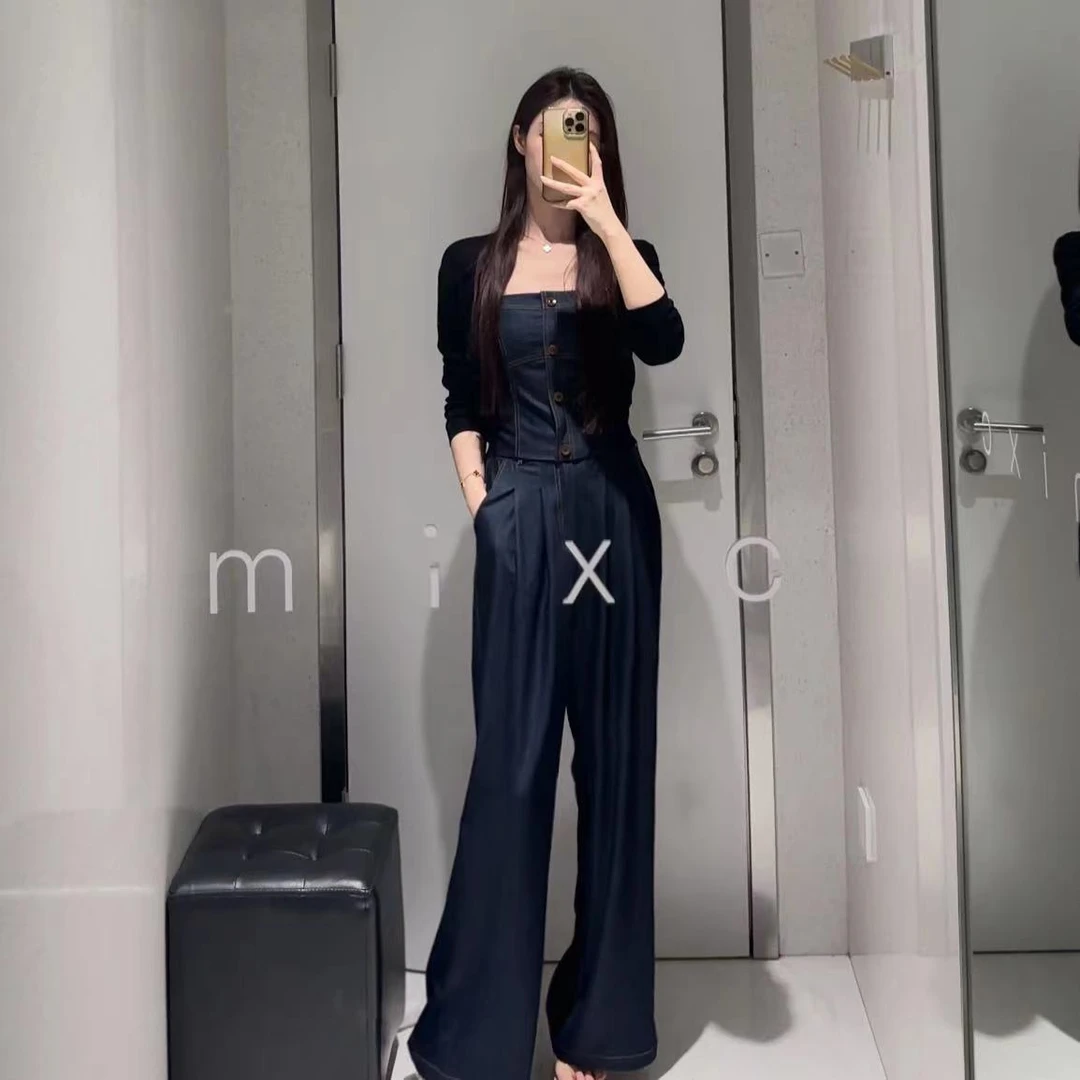 LUOZHIYIN/罗知音C403S05982气质高腰蓝色时尚休闲上衣+阔腿裤