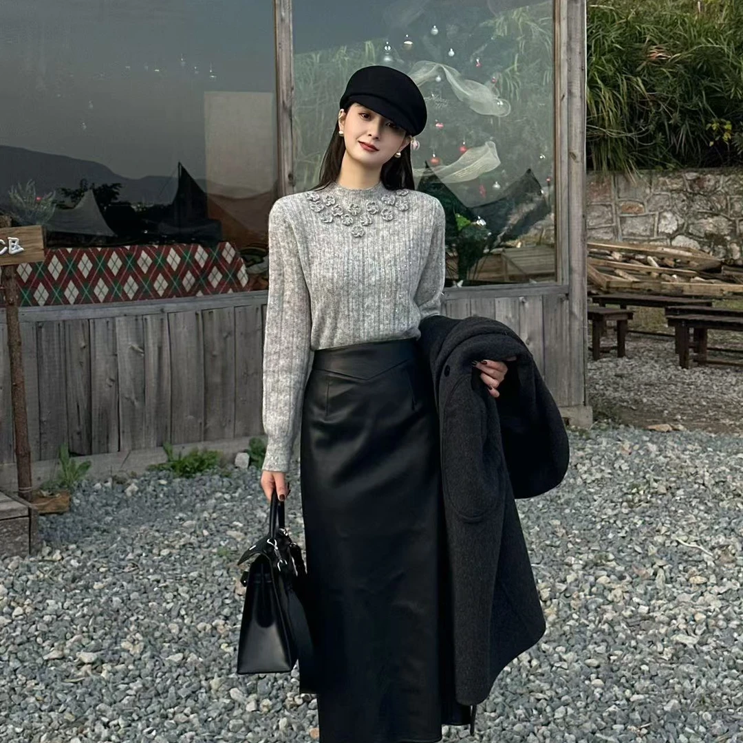 LUOZHIYIN/罗知音T611810TZ【花朵钩花】绵羊马海毛针织衫打底毛衣