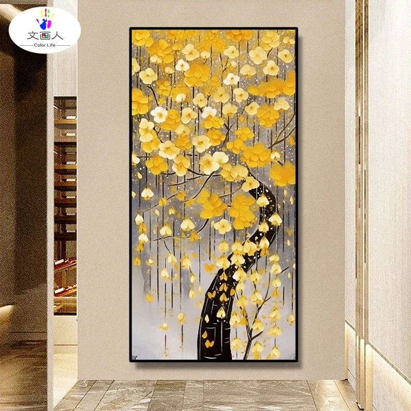 文画人新款玄关金黄色发财树diy数字油画手工填色客厅装饰挂画