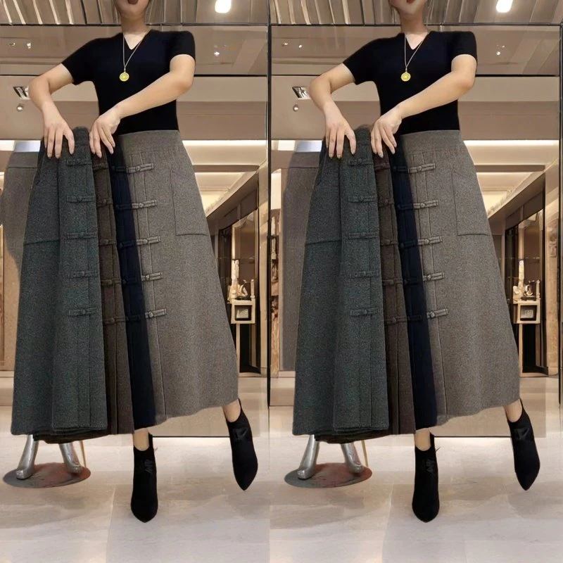 秋冬新款高腰弹力盘扣半身裙中长款妈妈裙保暖夏季显瘦裙子中长裙